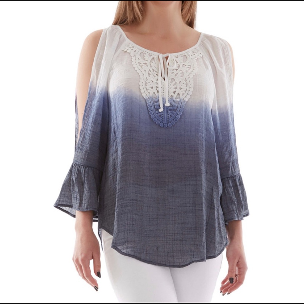 BCX tie neck crochet trim top size M